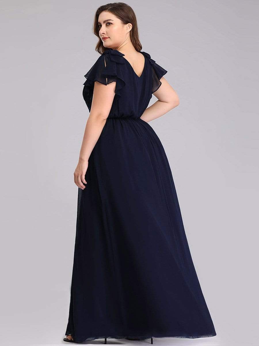 Maxi Long Chiffon Plus Size Evening Dresses with Ruffles Sleeves #color_Navy Blue