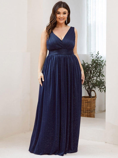 Double V Neck Maxi Long Plus Size Sparkly Evening Dresses for Party #color_Navy Blue