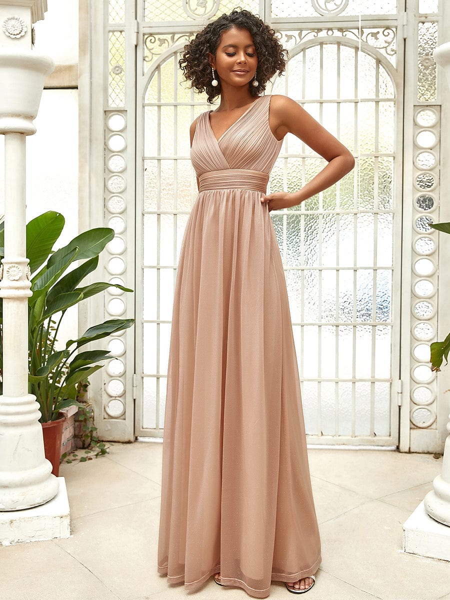 Maxi Double V Neck Floor Length Sparkly Wedding Guest Dress #color_Rose Gold