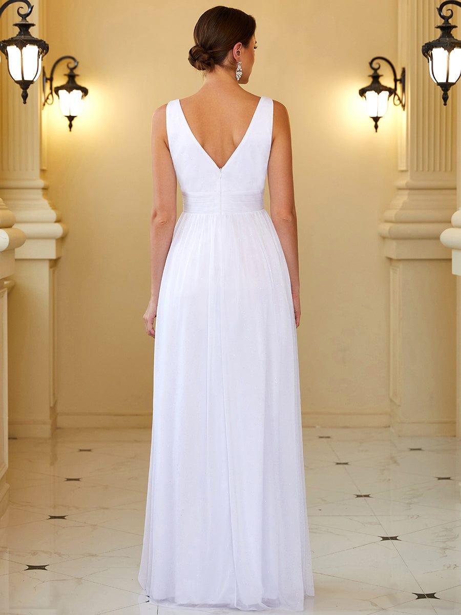 Maxi Double V Neck Floor Length Sparkly Wedding Guest Dress #color_White