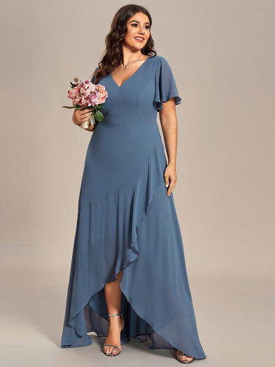 Plus Size Elegant Lotus Sleeves Chiffon Bridesmaid Dress #color_Dusty Blue