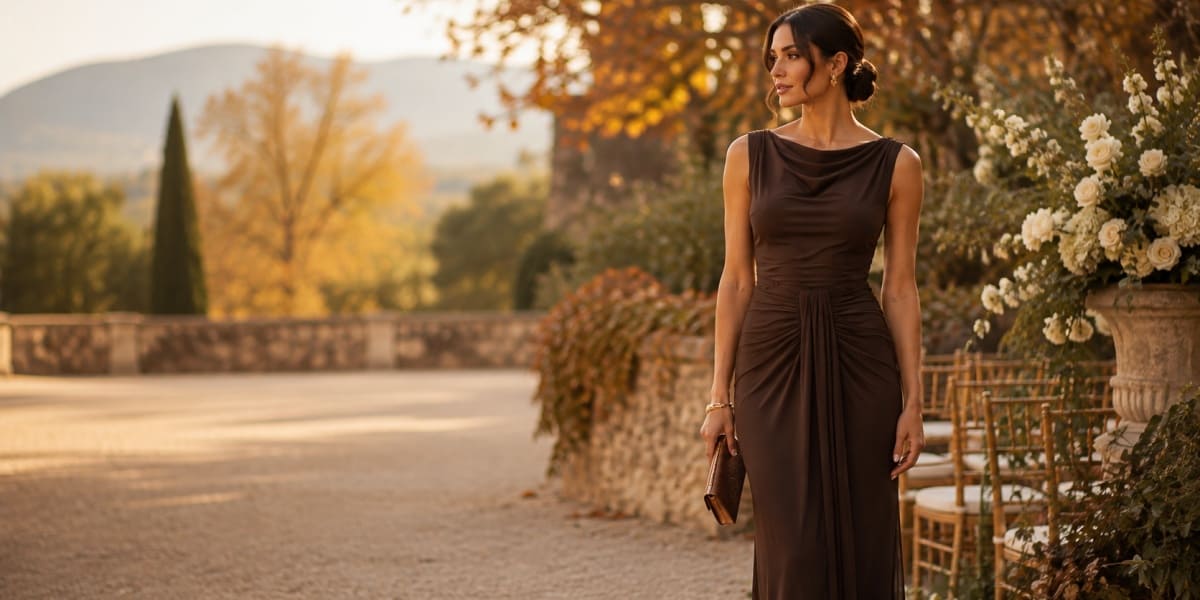 Elegant chocolate brown dress styled for a fall wedding guest