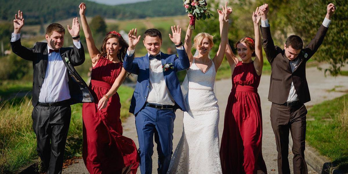 suit color go with burgundy bridesmaid dresses