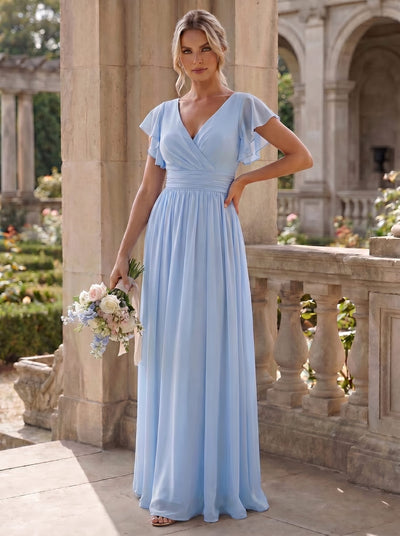 ever LILYANA|Elegant V-Neck Open Back Chiffon Bridesmaid Dress with Ruffled Sleeves