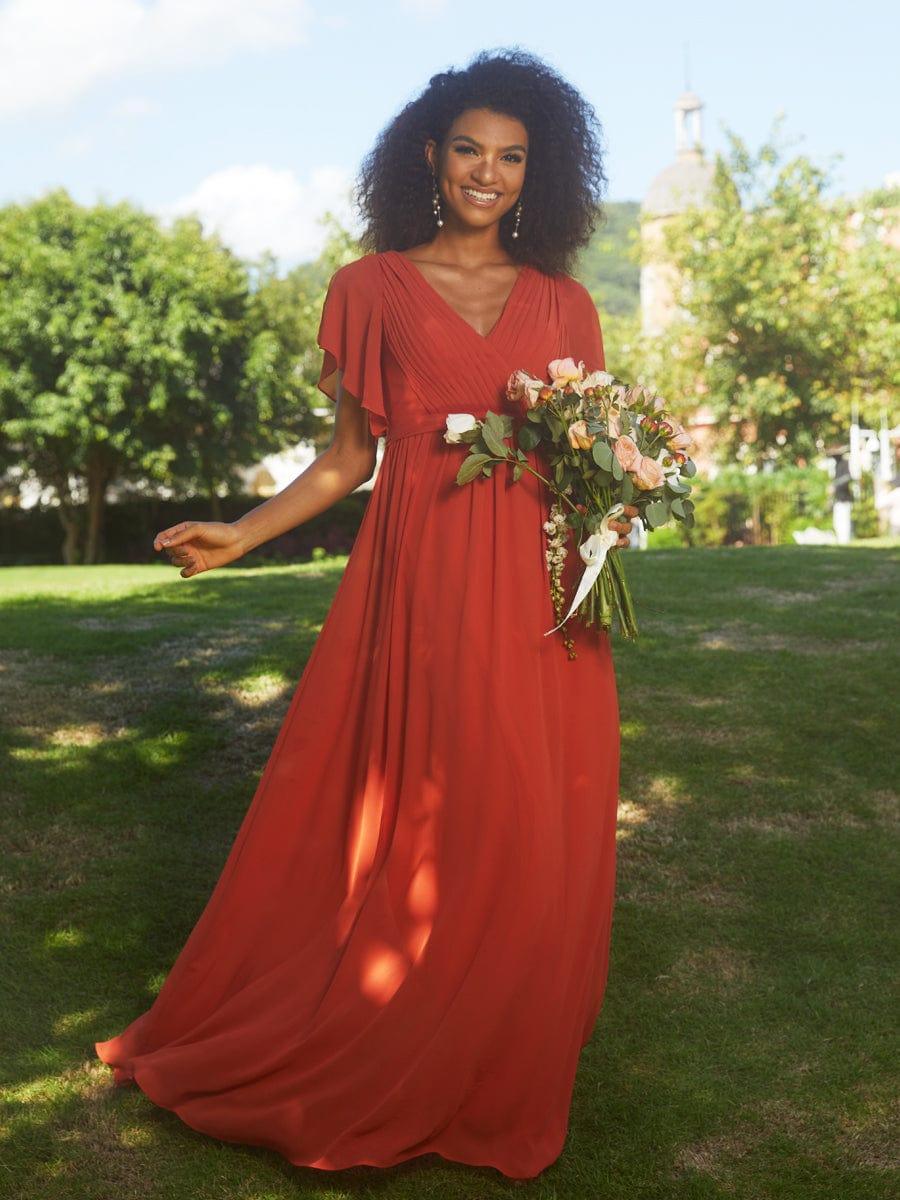 V-Neck Flutter Sleeve Floor-Length A-Line Chiffon Bridesmaid Dress #color_Burnt Orange