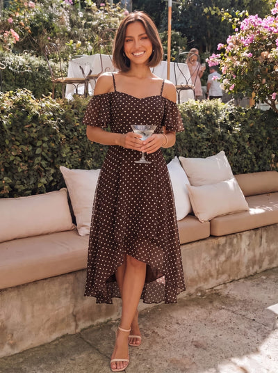 ever JORDANE|Off-Shoulder High-Low Chiffon Wedding Guest Dresses with Short Sleeves