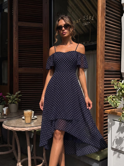 ever JORDANE|Off-Shoulder High-Low Chiffon Bridesmaid Dresses with Short Sleeves