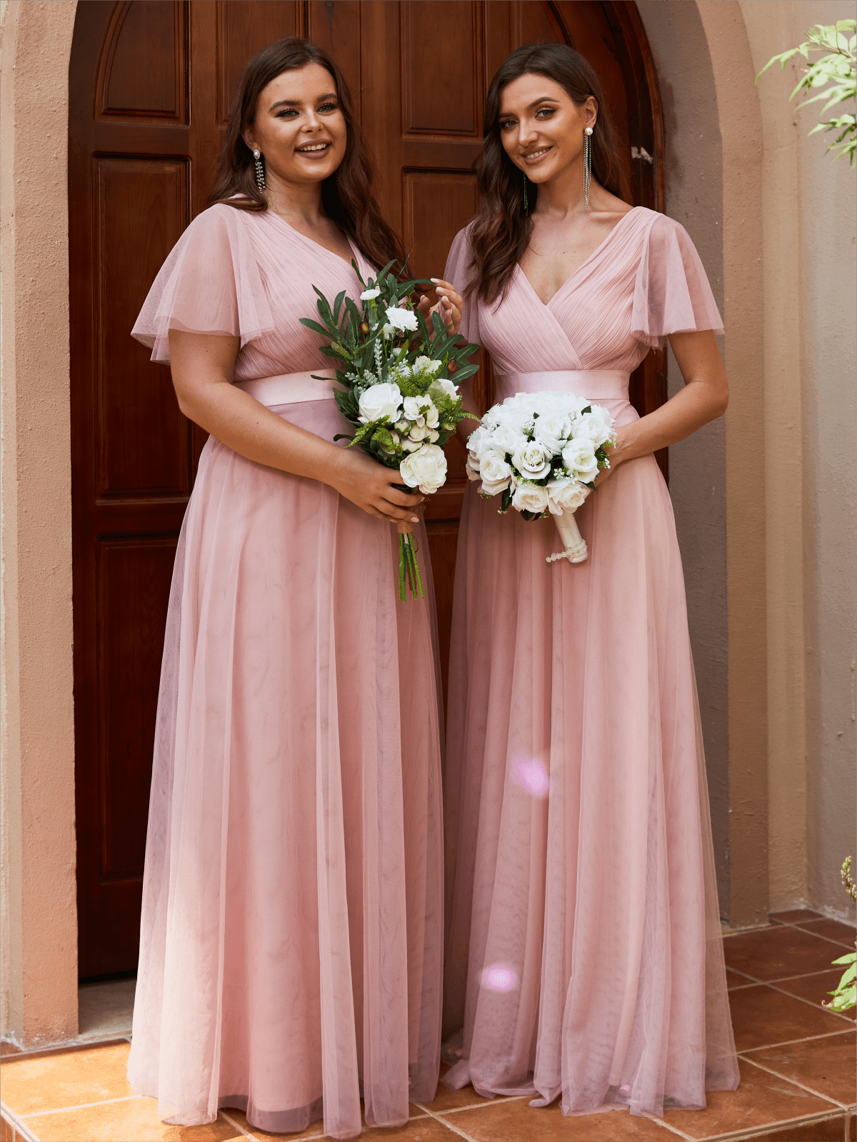 V-Neck A-Line Short Sleeve Long Tulle Bridesmaid Dress Ever