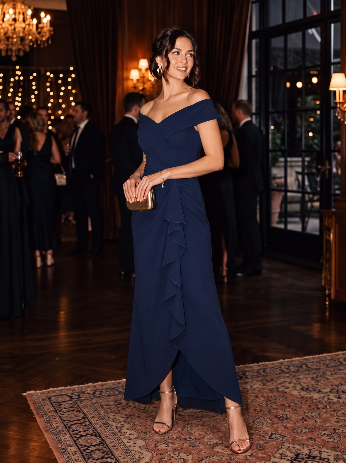 Slit Crepe Cap Sleeve Dress #color_Navy Blue