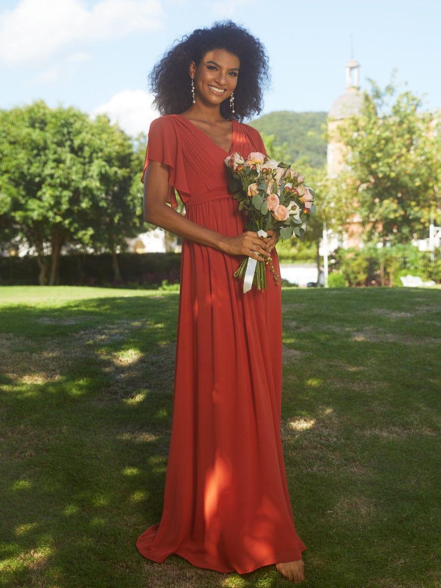 V-Neck Flutter Sleeve Floor-Length A-Line Chiffon Bridesmaid Dress #color_Burnt Orange