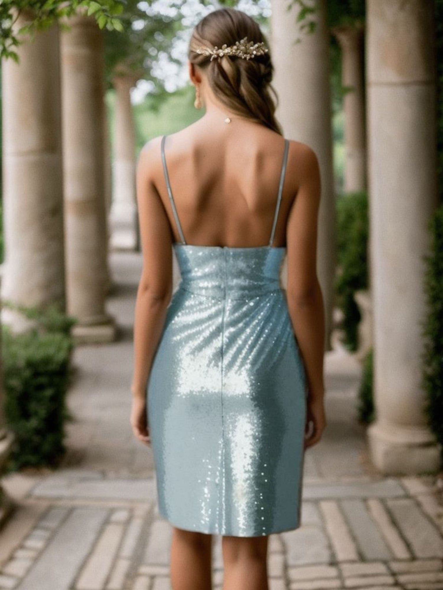 Stunning Sequin Spaghetti Strap Homecoming Dress #color_Dusty Blue