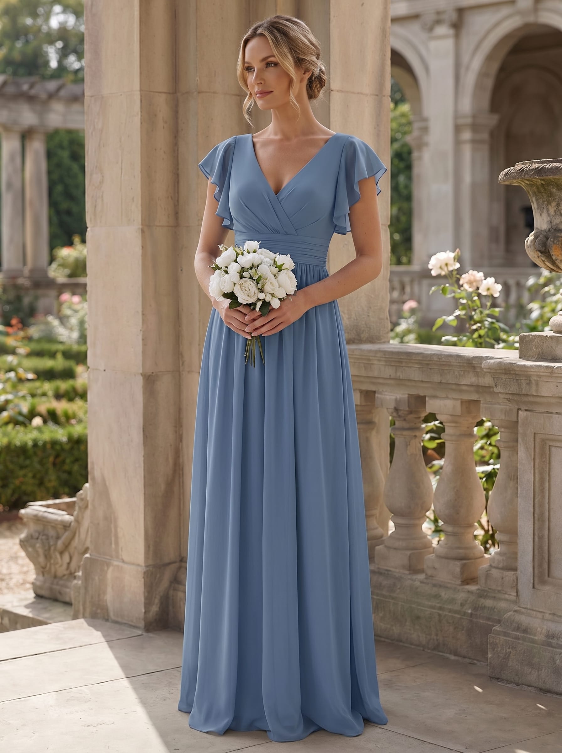 Elegant V-Neck Open Back Chiffon Bridesmaid Dress with Ruffled Sleeves #color_Dusty Blue