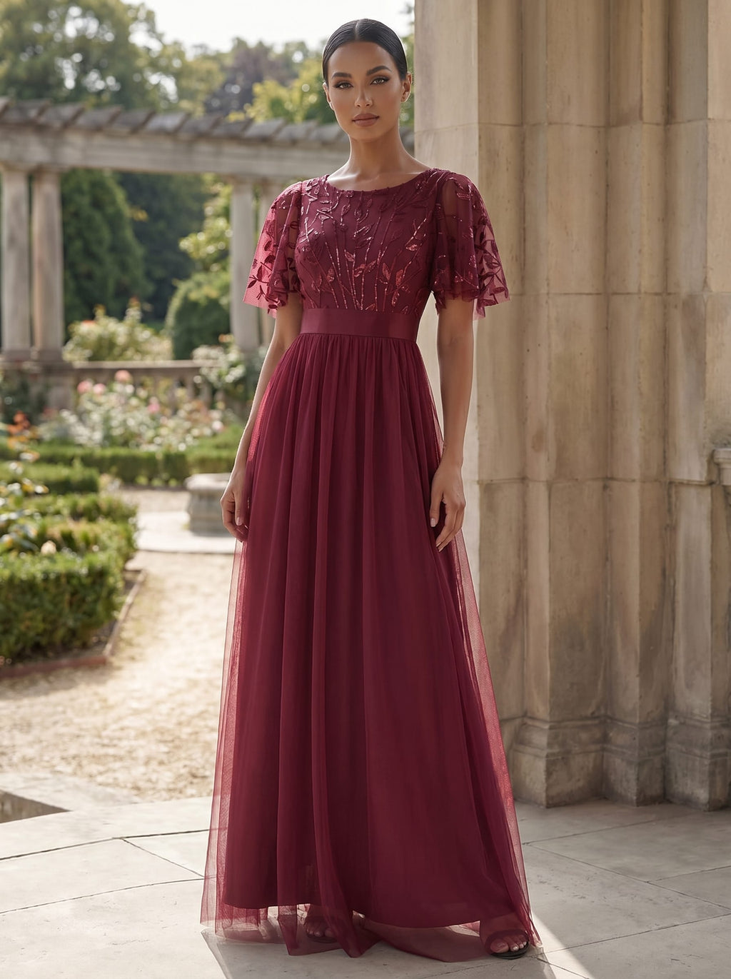 SAPHIR Line Short Sleeve Embroidery Floor Length Wedding Guest Dresses