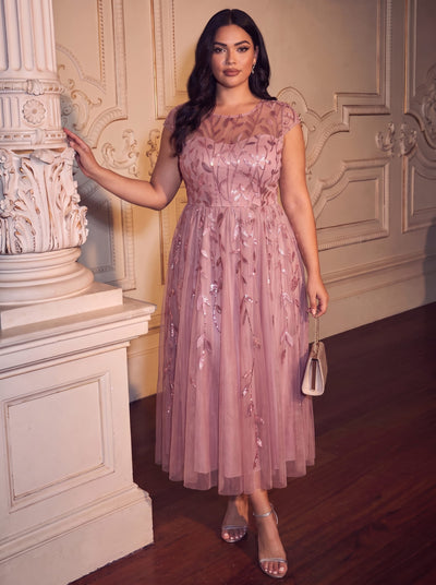 Plus Size Sequin A-Line Tea Length Dress with Cap Sleeves