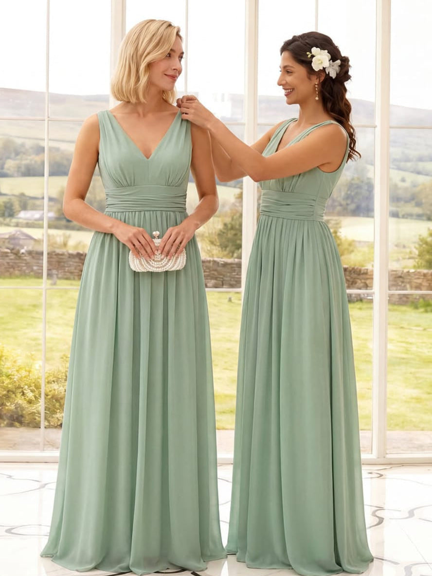 HUSH Elegant Sleeveless V Neck Maxi Chiffon Bridesmaid Dress