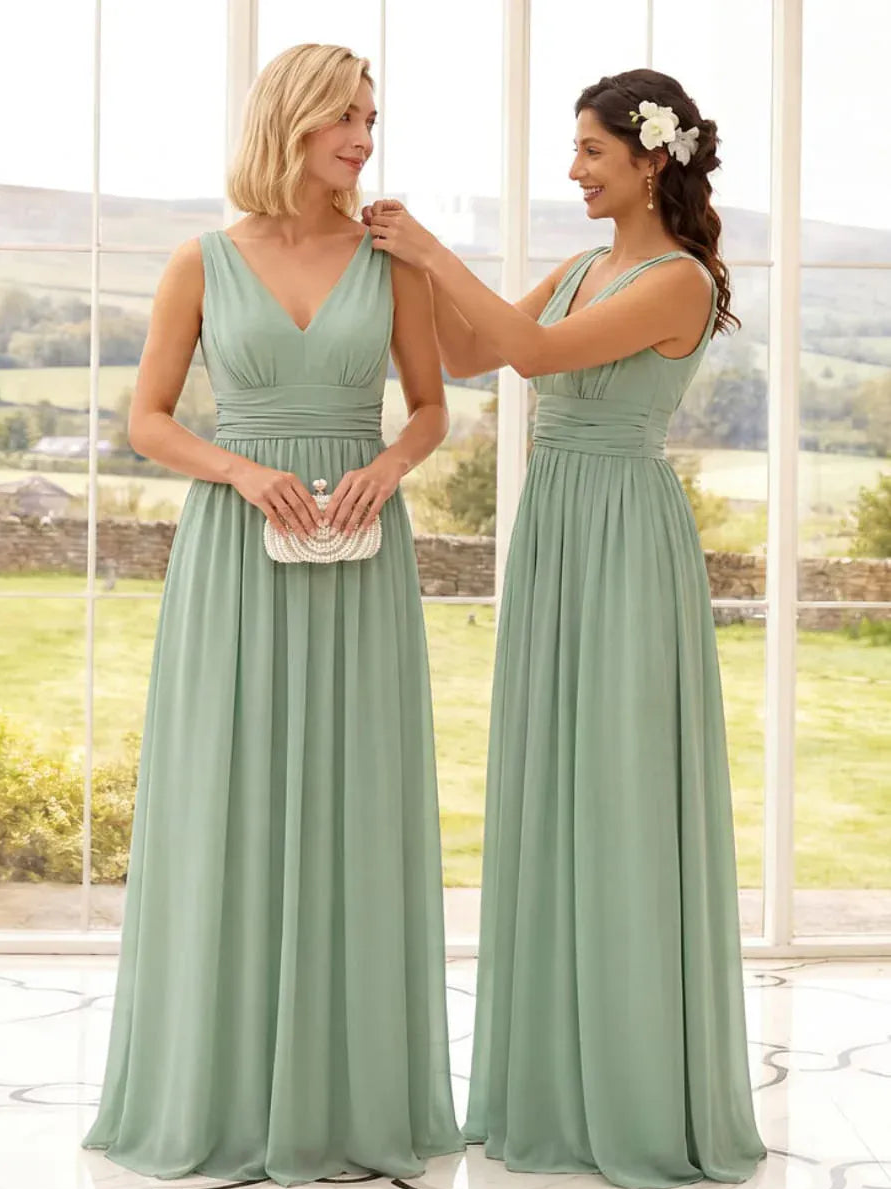 HUSH V Neck Sleeveless Pleated Chiffon Evening Dress