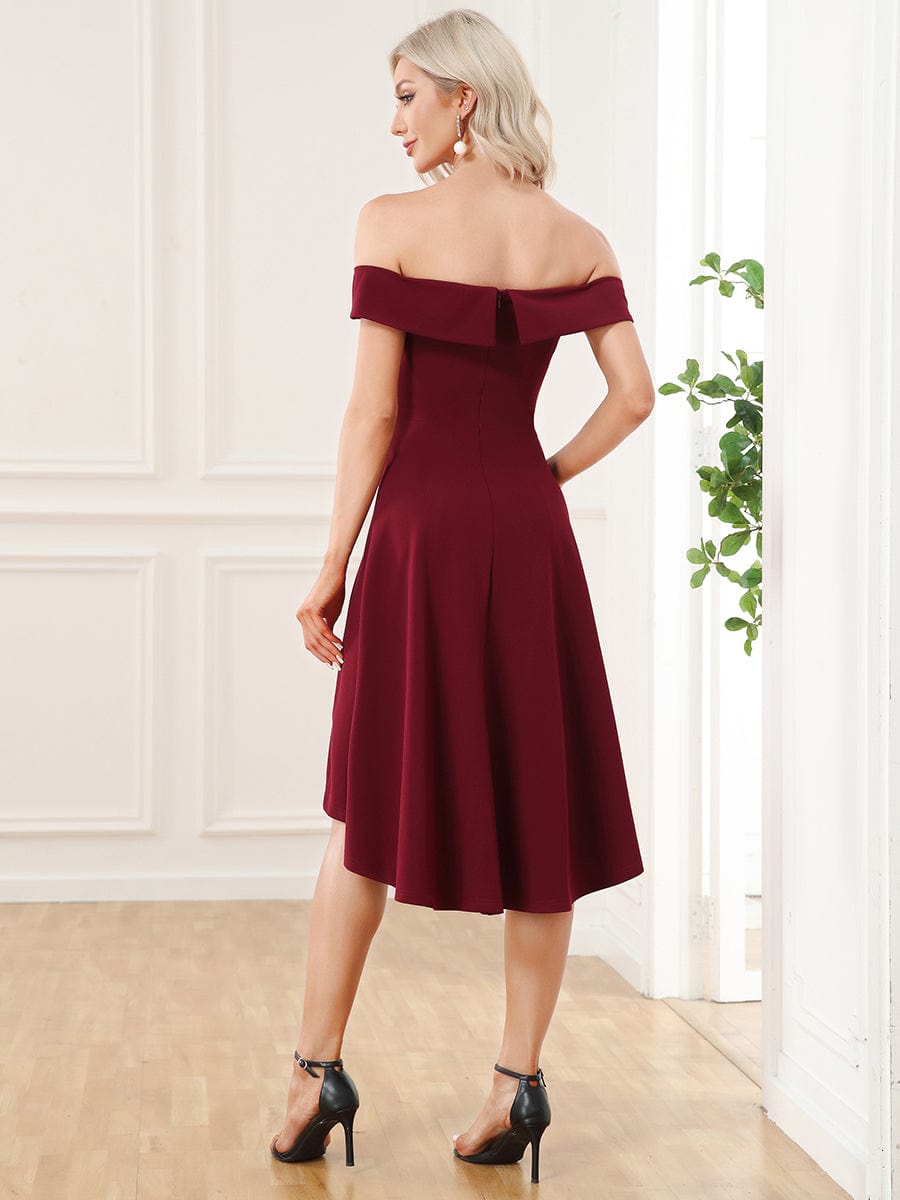 Chic Off Shoulder High-Low A-Line Wedding Guest Dress #color_Burgundy