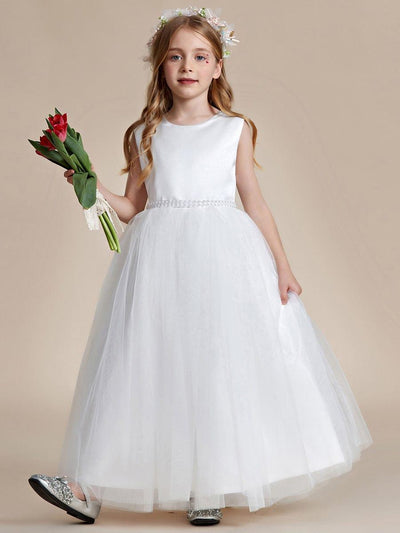 Satin Beaded Tulle Princess Flower Girl Dress With Back Bow #color_White