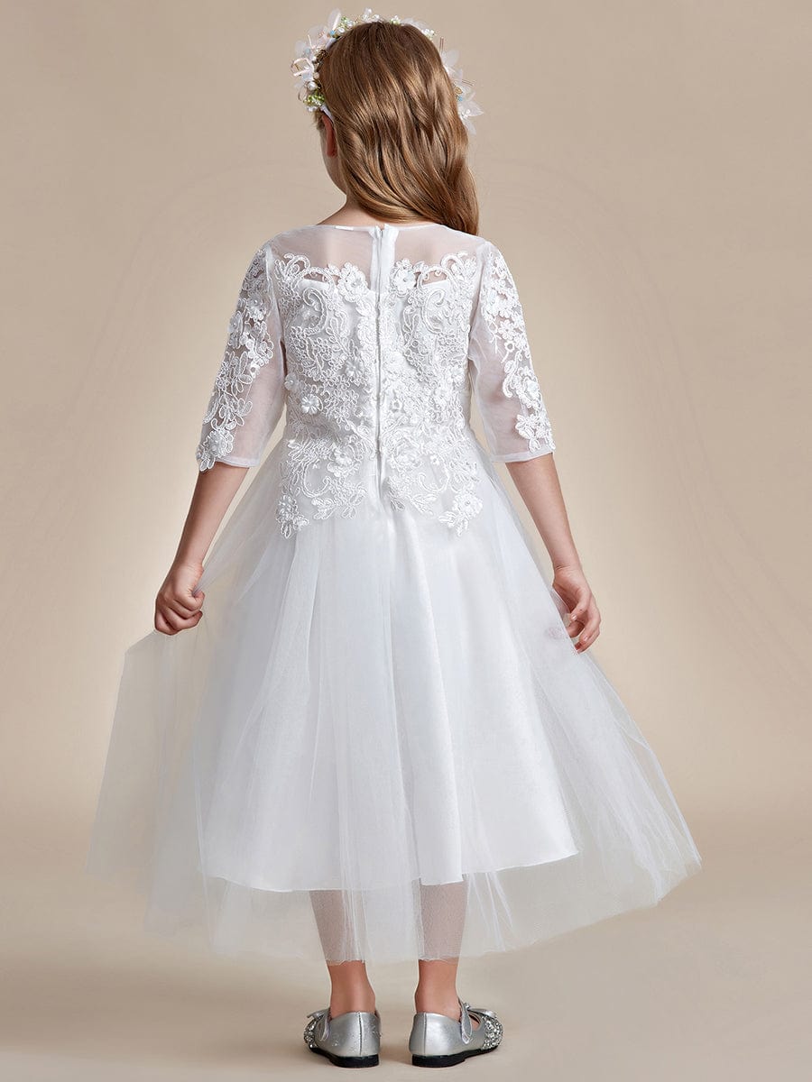 Flower Girl Dress in embroidered lace and tulle with mid-length sleeves #color_White