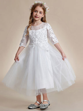 Flower Girl Dress in embroidered lace and tulle with mid-length sleeves