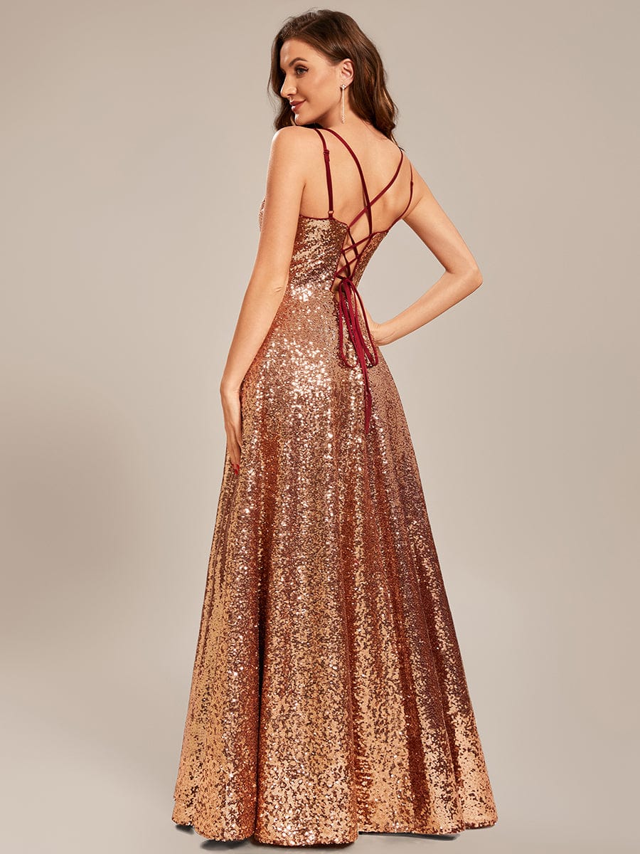 Custom Size Sequin Spaghetti Strap Lace-Up Prom Dresses #Color_Rose Gold