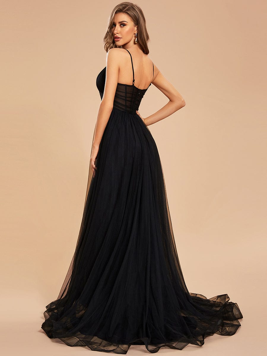Custom Size Spaghetti Strap High Slit Tulle Prom Dress with Train #color_Black