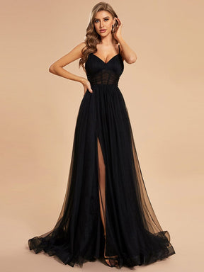Custom Size Spaghetti Strap High Slit Tulle Prom Dress with Train