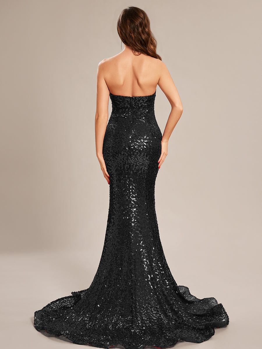 Custom Size Fashion Strapless Sweetheart Long Sequin Mermaid Prom Dress #color_Black