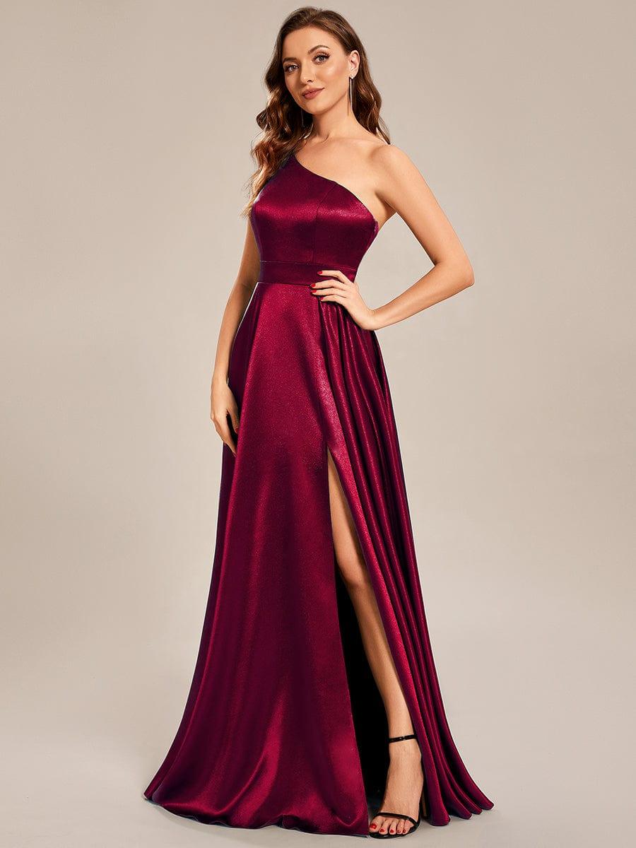 Custom Size One Shoulder Long Empire Waist Satin Prom Dress #color_Burgundy