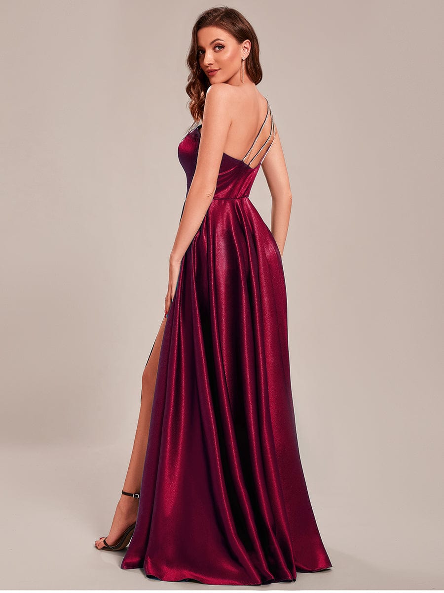 Custom Size One Shoulder Long Empire Waist Satin Prom Dress #color_Burgundy
