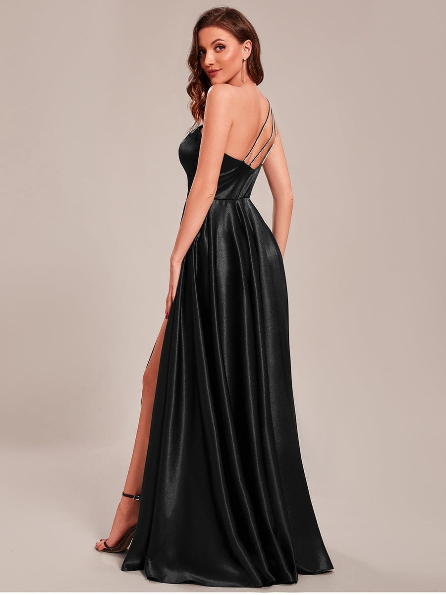 Custom Size One Shoulder Long Empire Waist Satin Prom Dress #color_Black