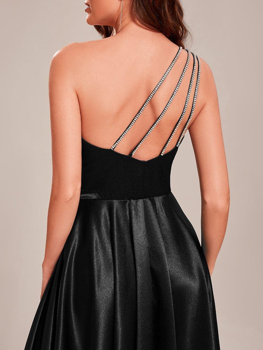 Custom Size One Shoulder Long Empire Waist Satin Prom Dress #color_Black