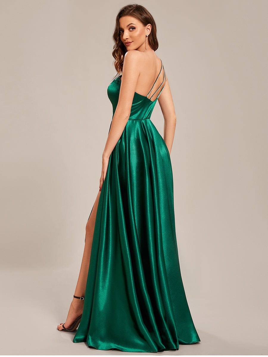 Custom Size One Shoulder Long Empire Waist Satin Prom Dress #color_Dark Green