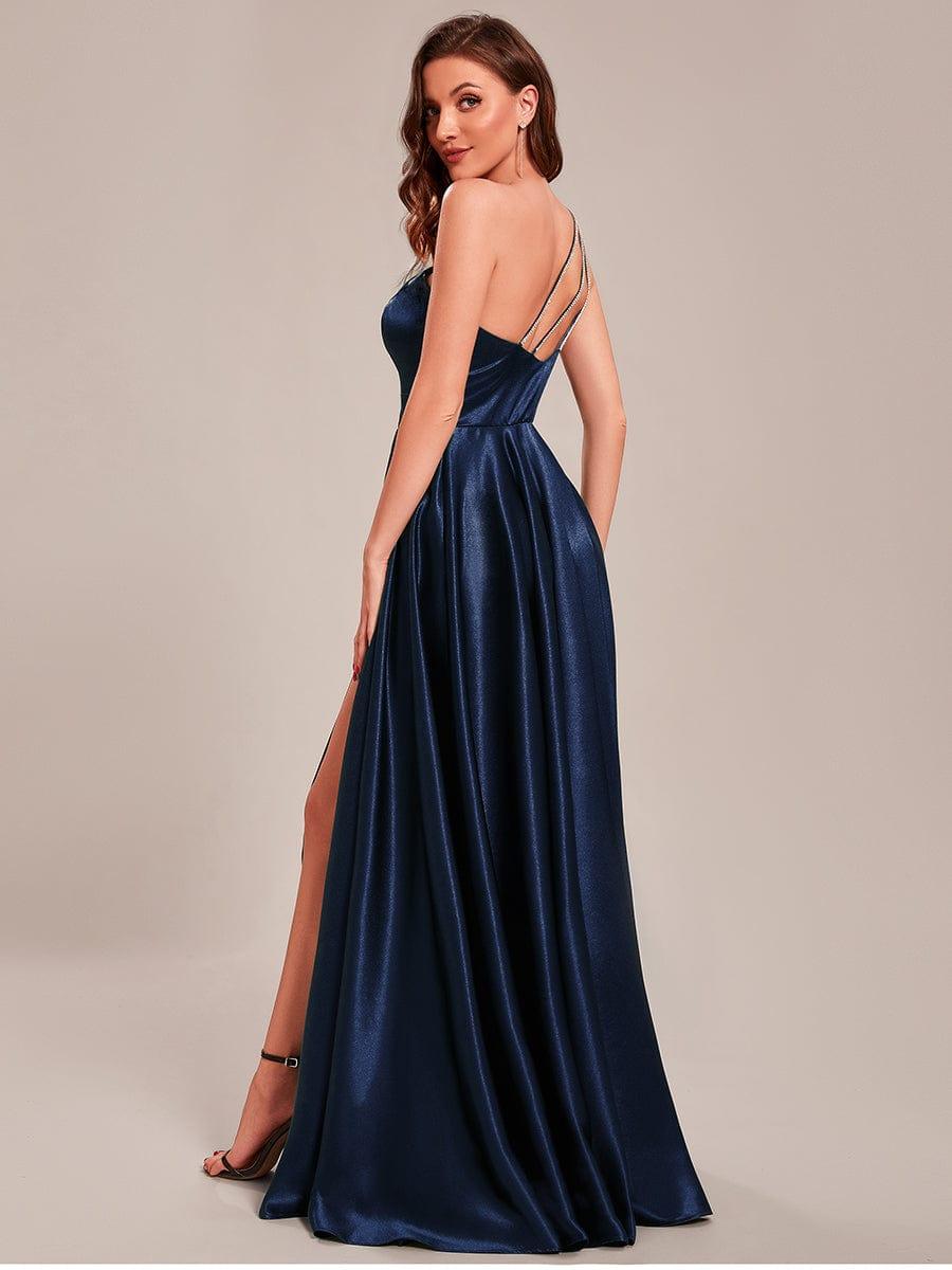 Custom Size One Shoulder Long Empire Waist Satin Prom Dress #color_Navy Blue