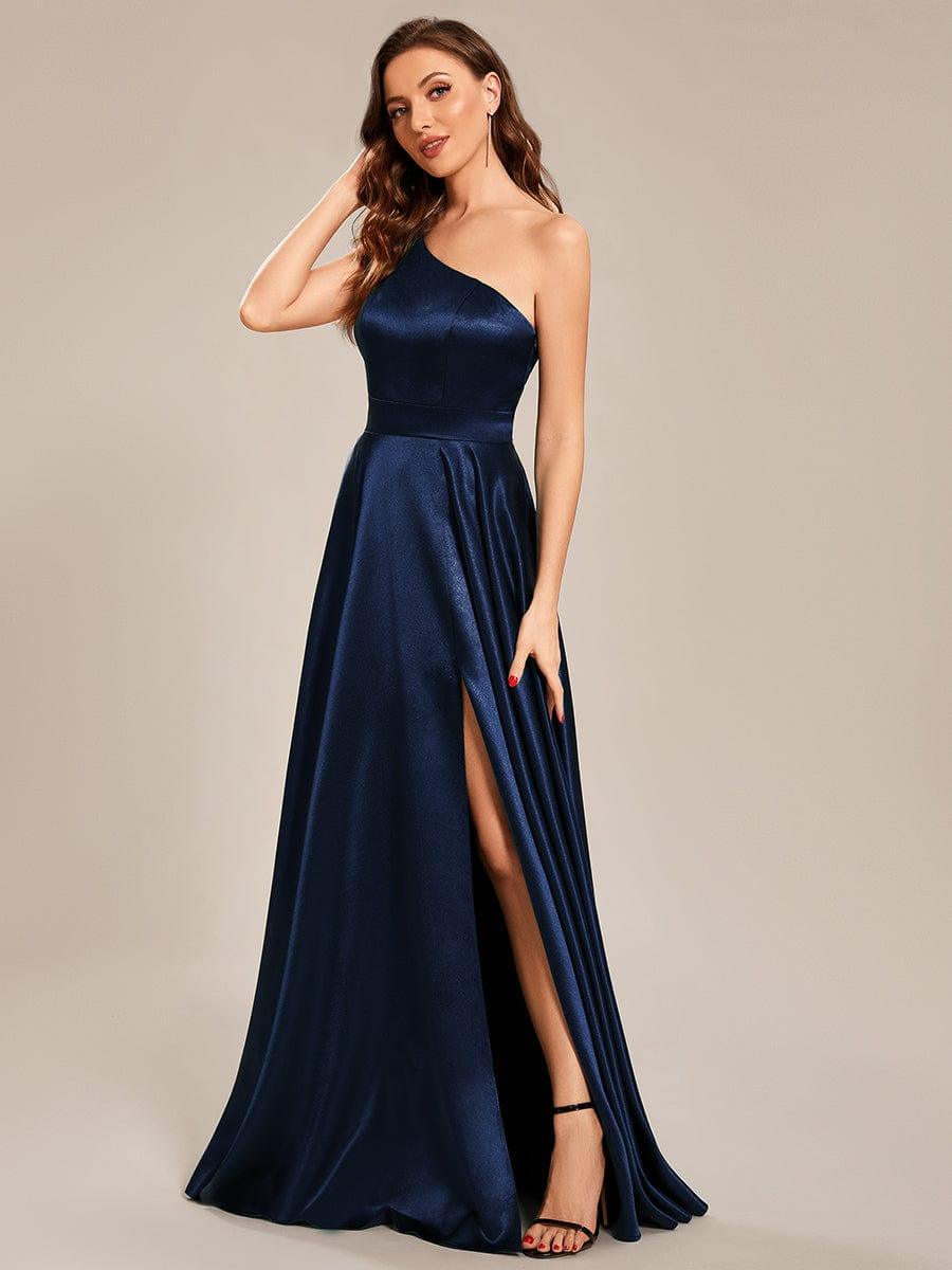 Custom Size One Shoulder Long Empire Waist Satin Prom Dress #color_Navy Blue