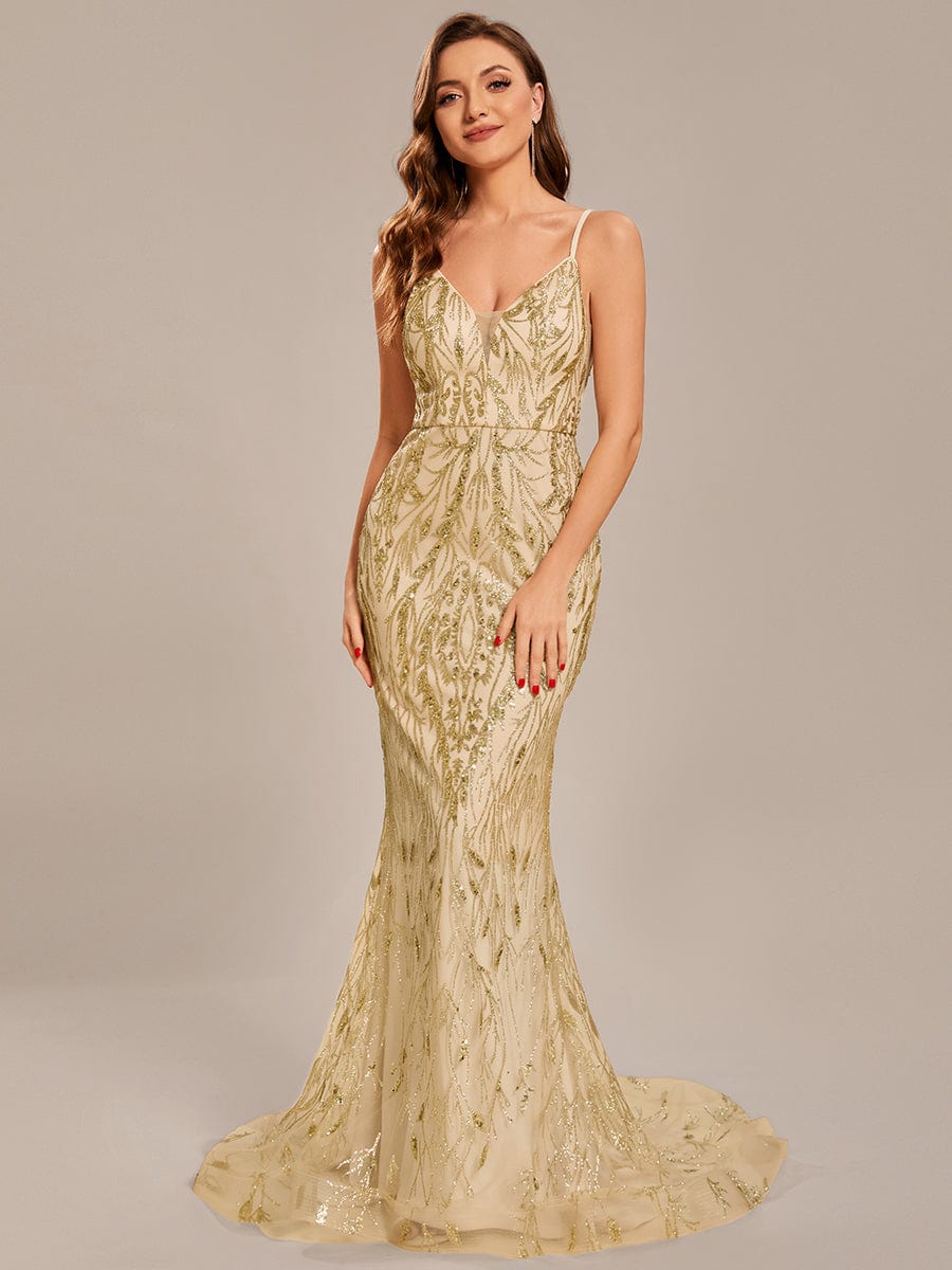 Custom Size Elegant Spaghetti Strap Long Mermaid Prom Dress #color_Gold