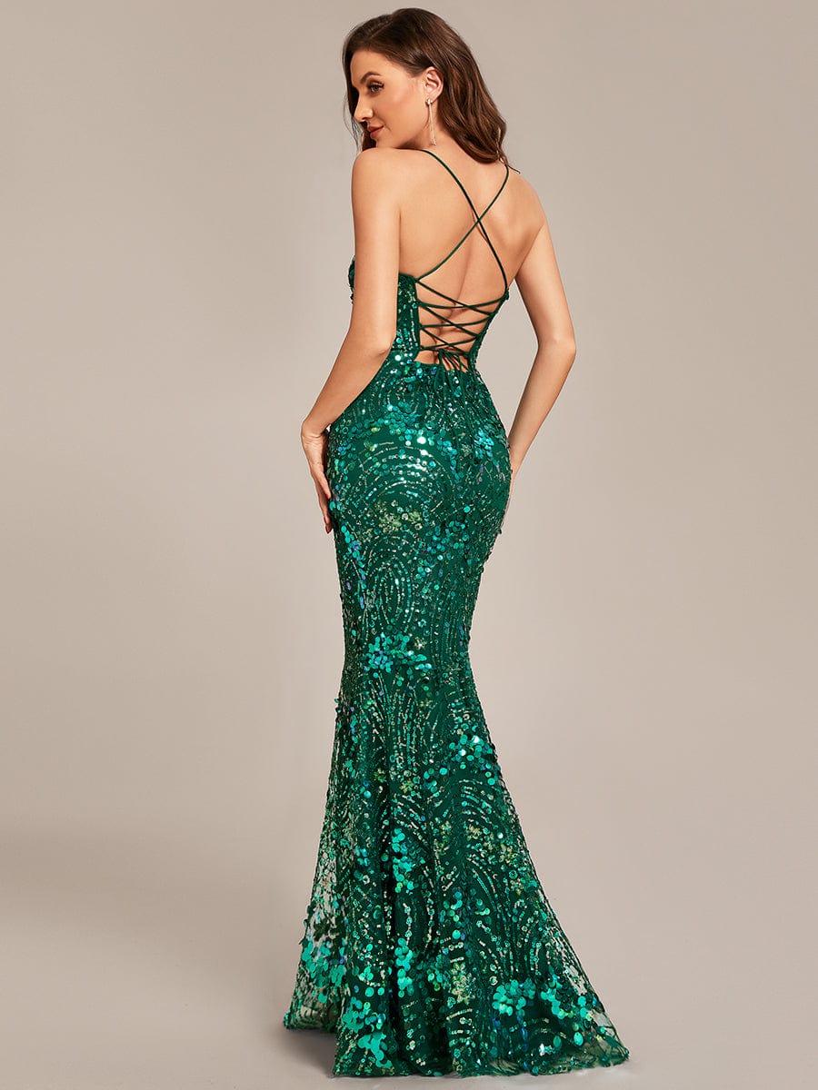 Custom Size Sequin Mermaid Lace-up Back Bodycon Prom Dress #color_Dark Green