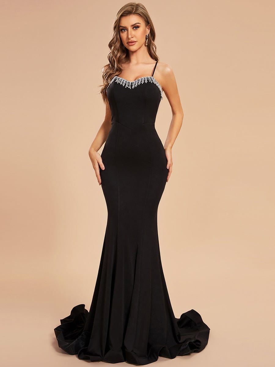Custom Size Spaghetti Strap Bodycon Mermaid Prom Dress with Fringe Embellished #color_Black