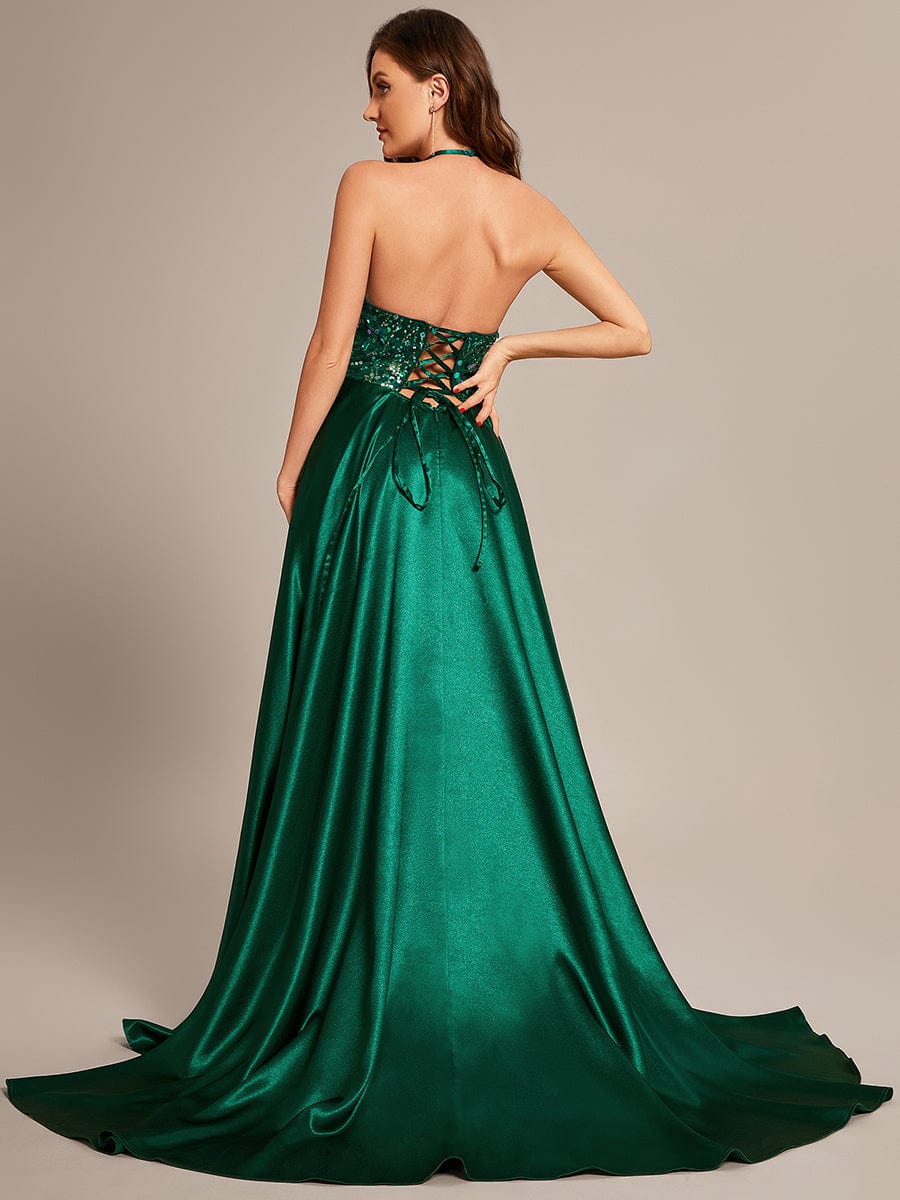 Custom Size V-neck Sequined halter Floor-length Satin Prom Dress #color_Dark Green