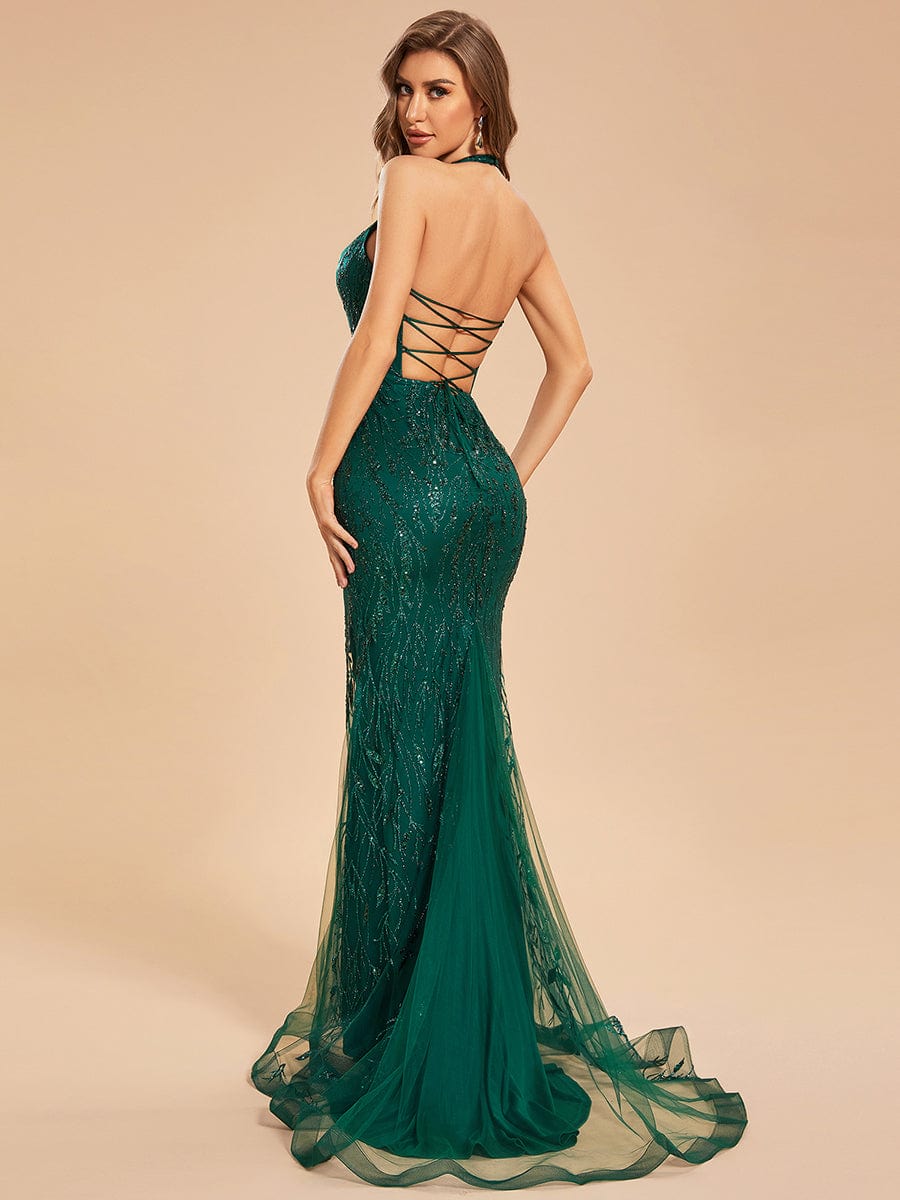 Custom Size Sequins Halter Neck Bodycon Mermaid Prom Dress with Back Lace-Up  #color_Dark Green