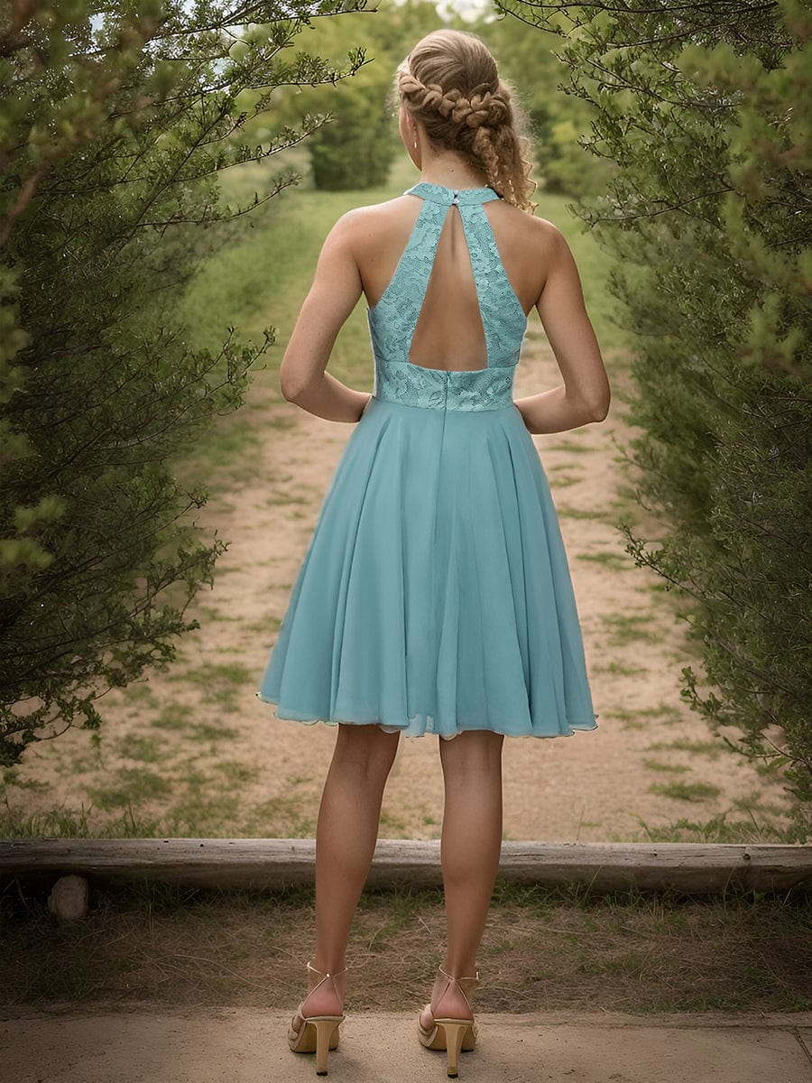 Lace Halter Neck Backless A-Line Chiffon Short Dress #color_Dusty Blue