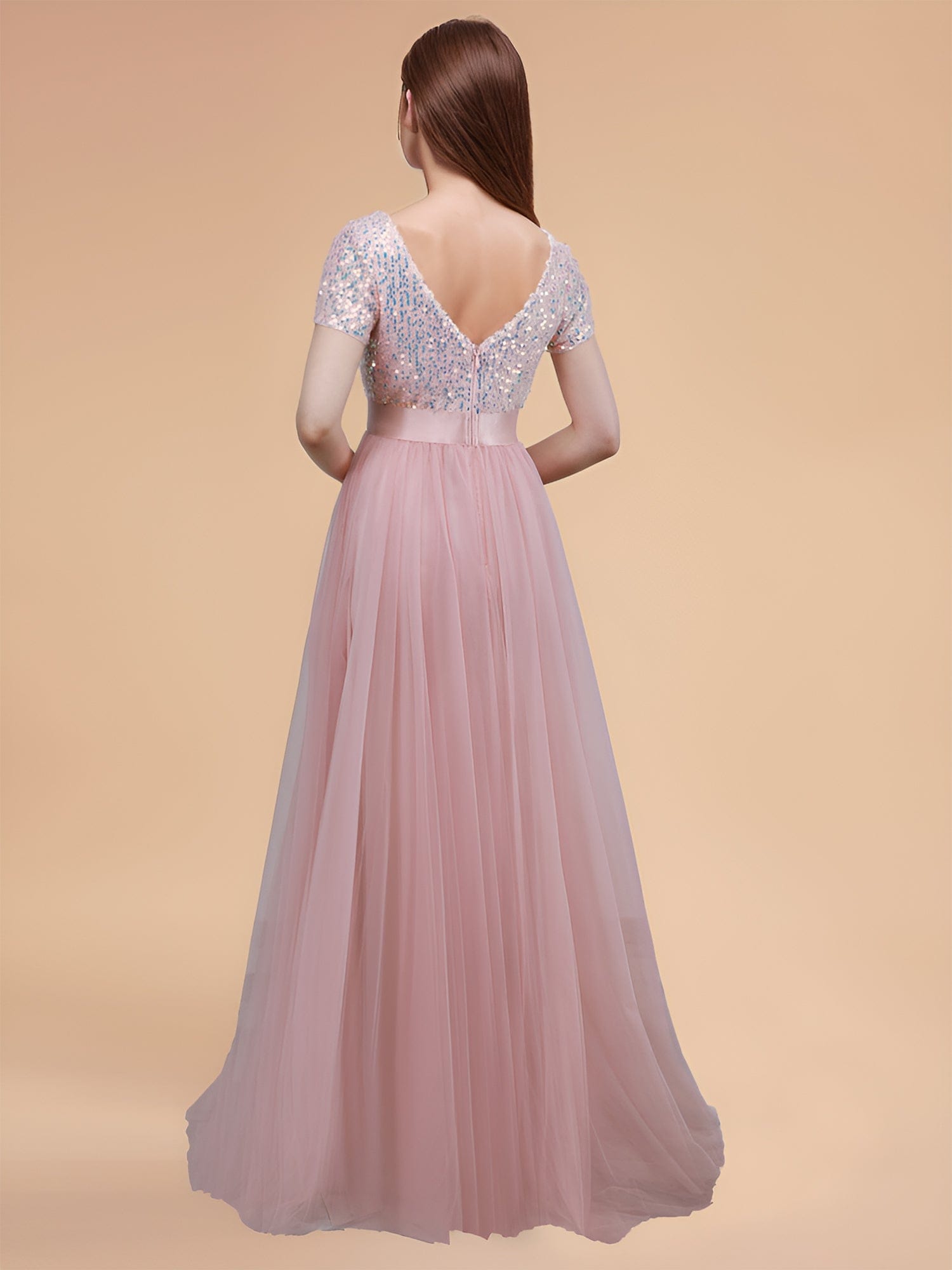 Custom Size Sequin V-neck A-line Ribbon Waist Tulle Prom Dress