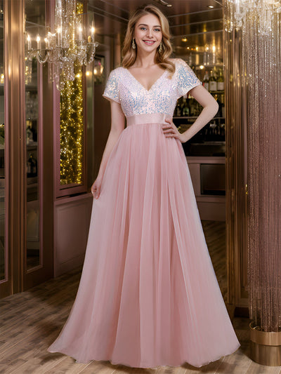 Custom Size Sequin V-neck A-line Ribbon Waist Tulle Prom Dress
