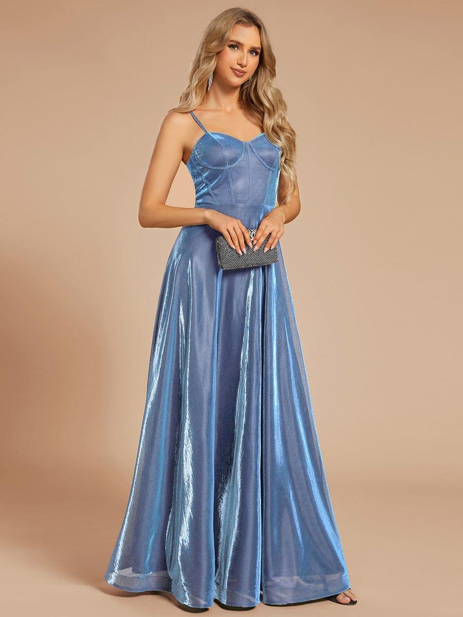 Custom Size Iridescent Mesh Spaghetti Strap V-neck A-line Prom Dress #color_Light Blue