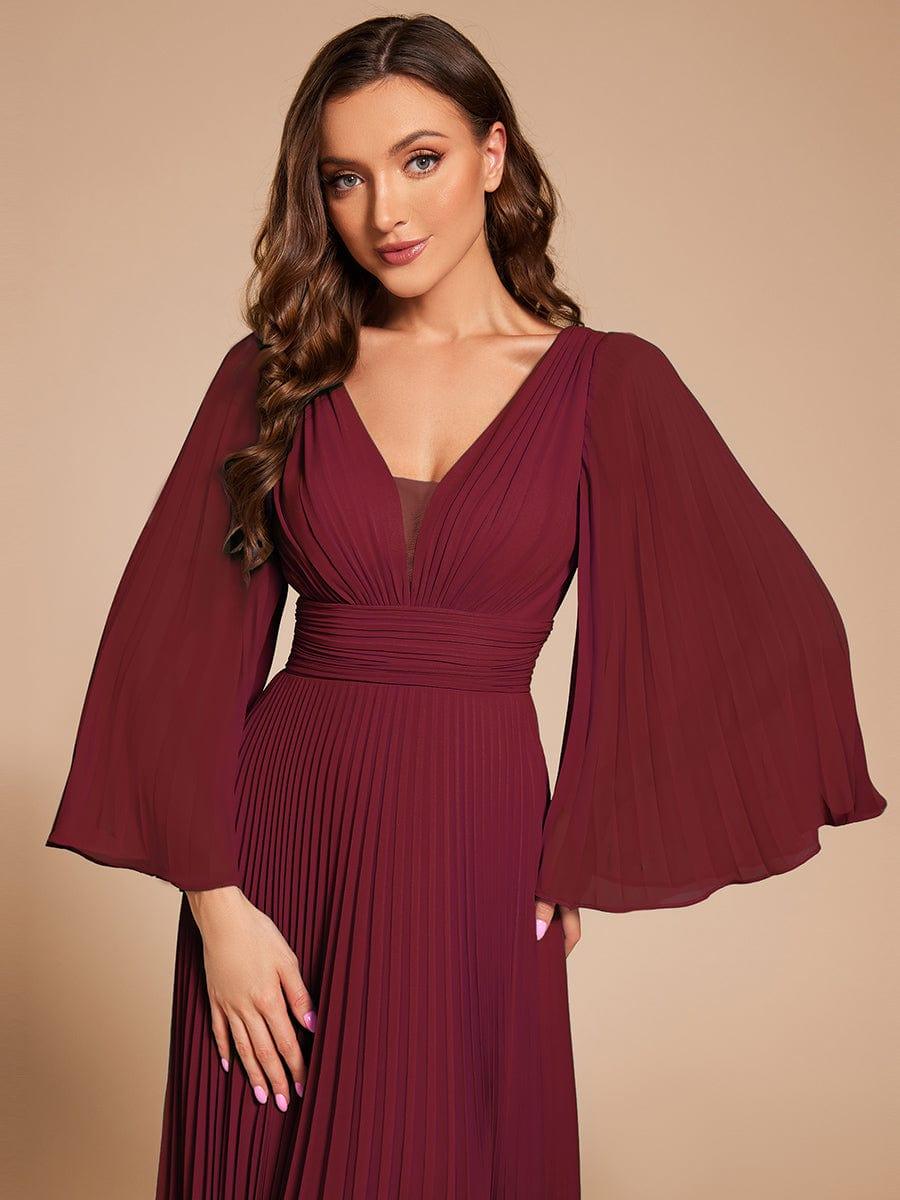 Custom Size Deep V-neck A-line Ruffles Sleeves Floor Length Chiffon Evening Dress #color_Burgundy