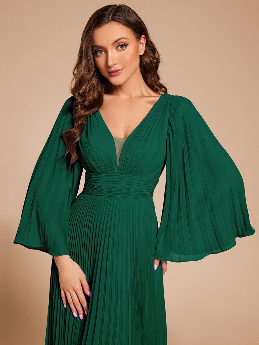 Custom Size Deep V-neck A-line Ruffles Sleeves Floor Length Chiffon Evening Dress #color_Dark Green