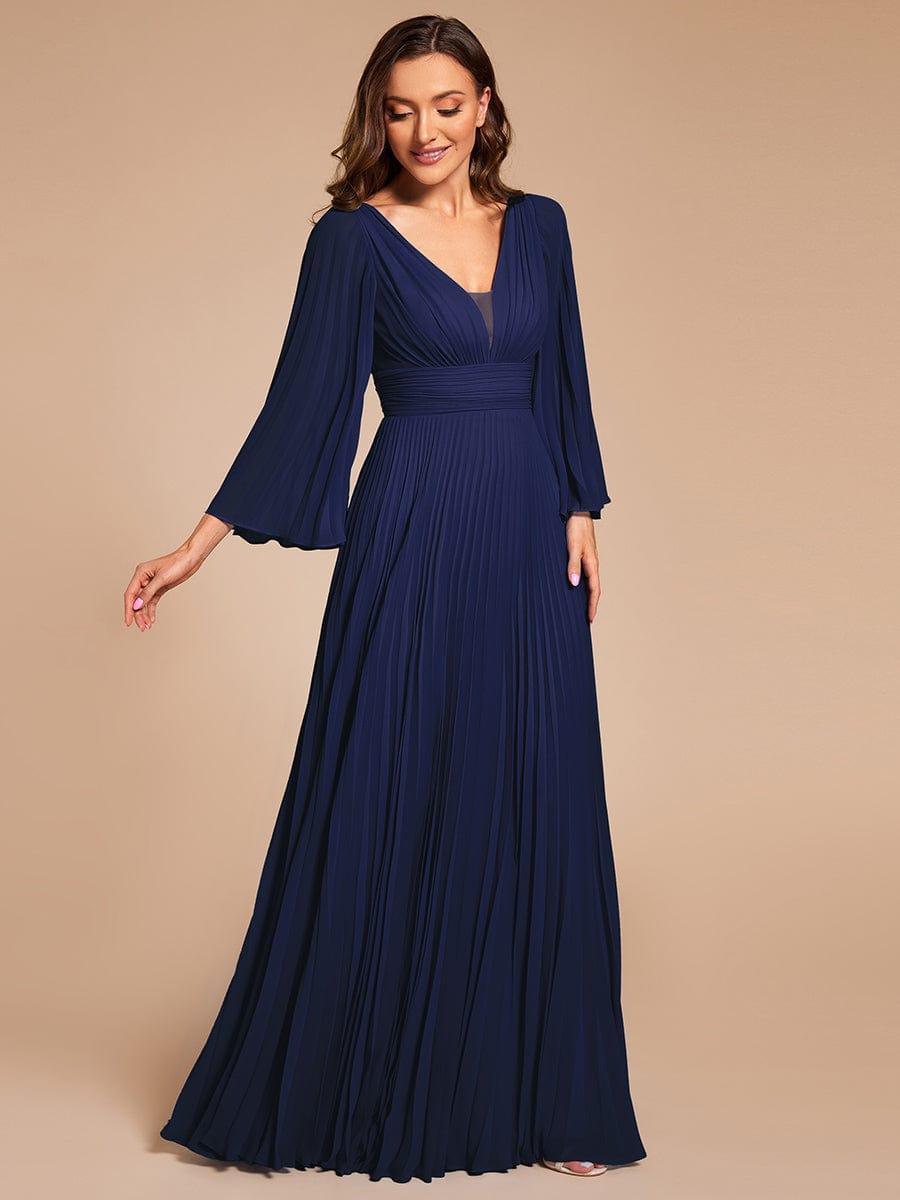Custom Size Deep V-neck A-line Ruffles Sleeves Floor Length Chiffon Evening Dress #color_Navy Blue