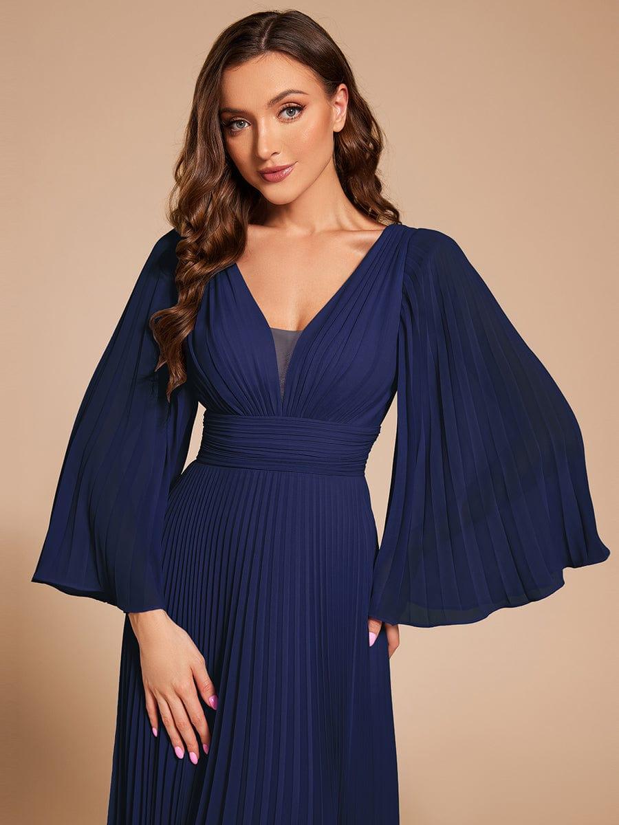 Custom Size Deep V-neck A-line Ruffles Sleeves Floor Length Chiffon Evening Dress #color_Navy Blue