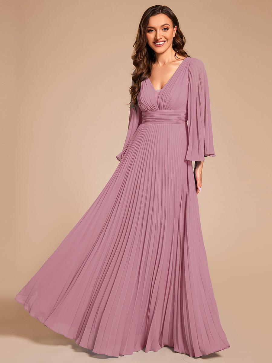 Custom Size Deep V-neck A-line Ruffles Sleeves Floor Length Chiffon Evening Dress #color_Purple Orchid
