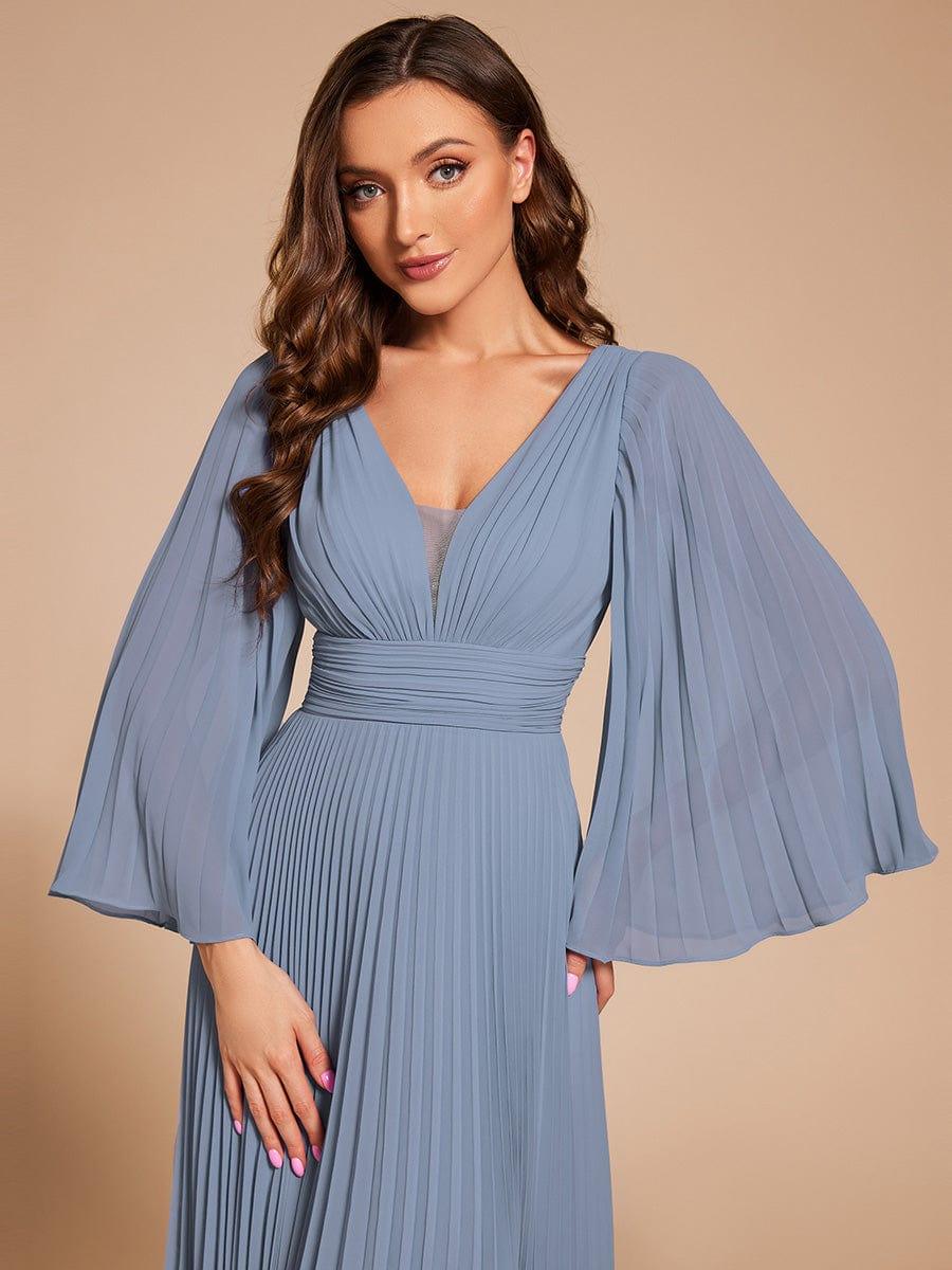 Custom Size Deep V-neck A-line Ruffles Sleeves Floor Length Chiffon Evening Dress #color_Slate Blue